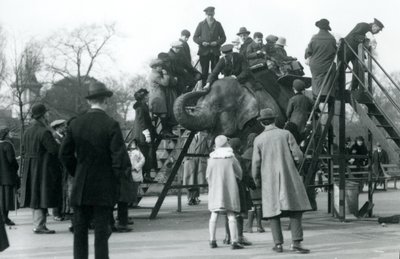 Crowds watching visitors embarking on an elephant ride, overseen by keeper Arthur Church, London Zoo by Frederick William Bond